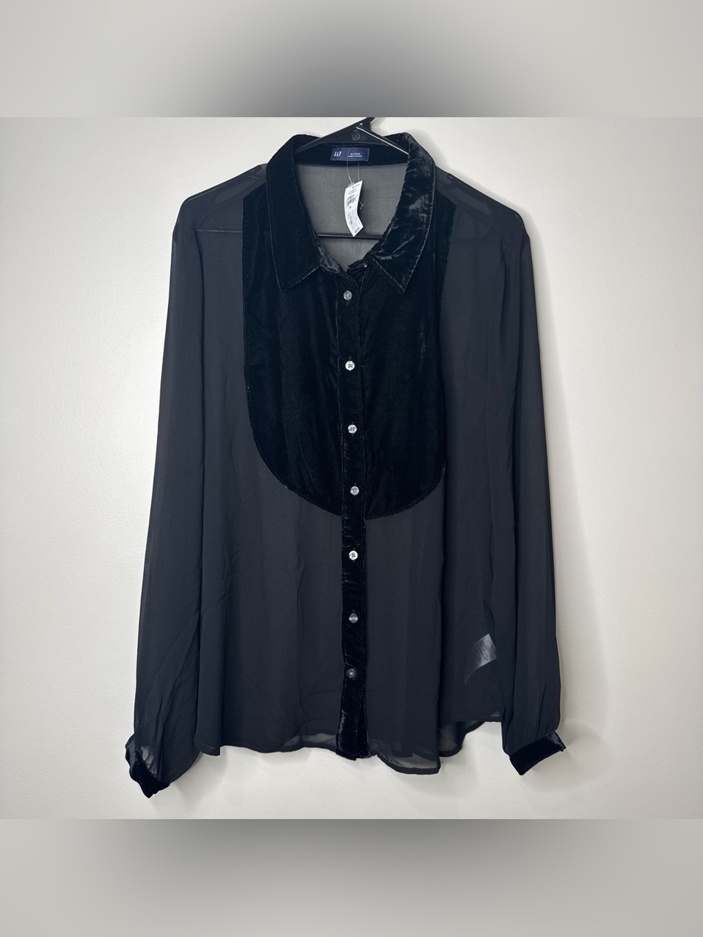NWT GAP Black Sheer Velvet Vampy Dark Fairycore Button-up Collared Blouse XL